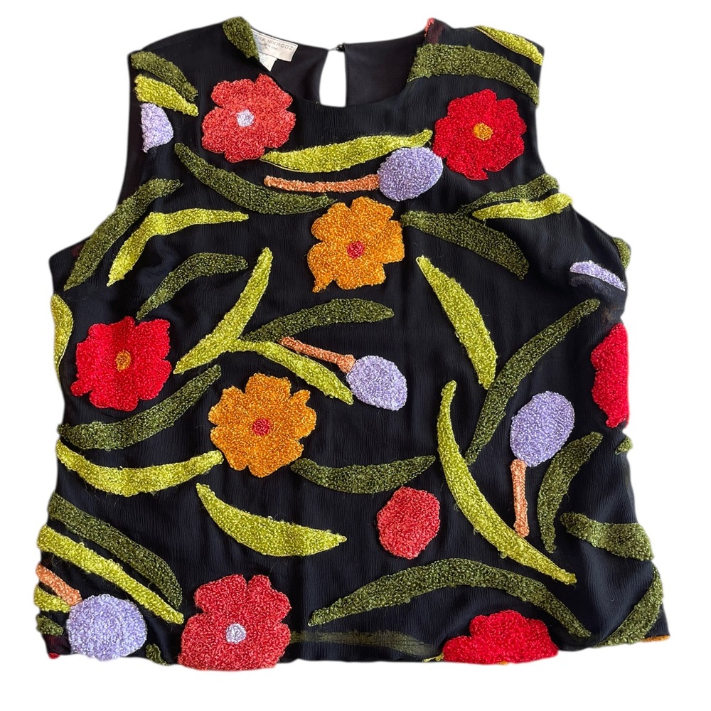 Flora Nikrooz Black Overlay Sleeveless Top Lace Embroidered Silk Floral Size XL